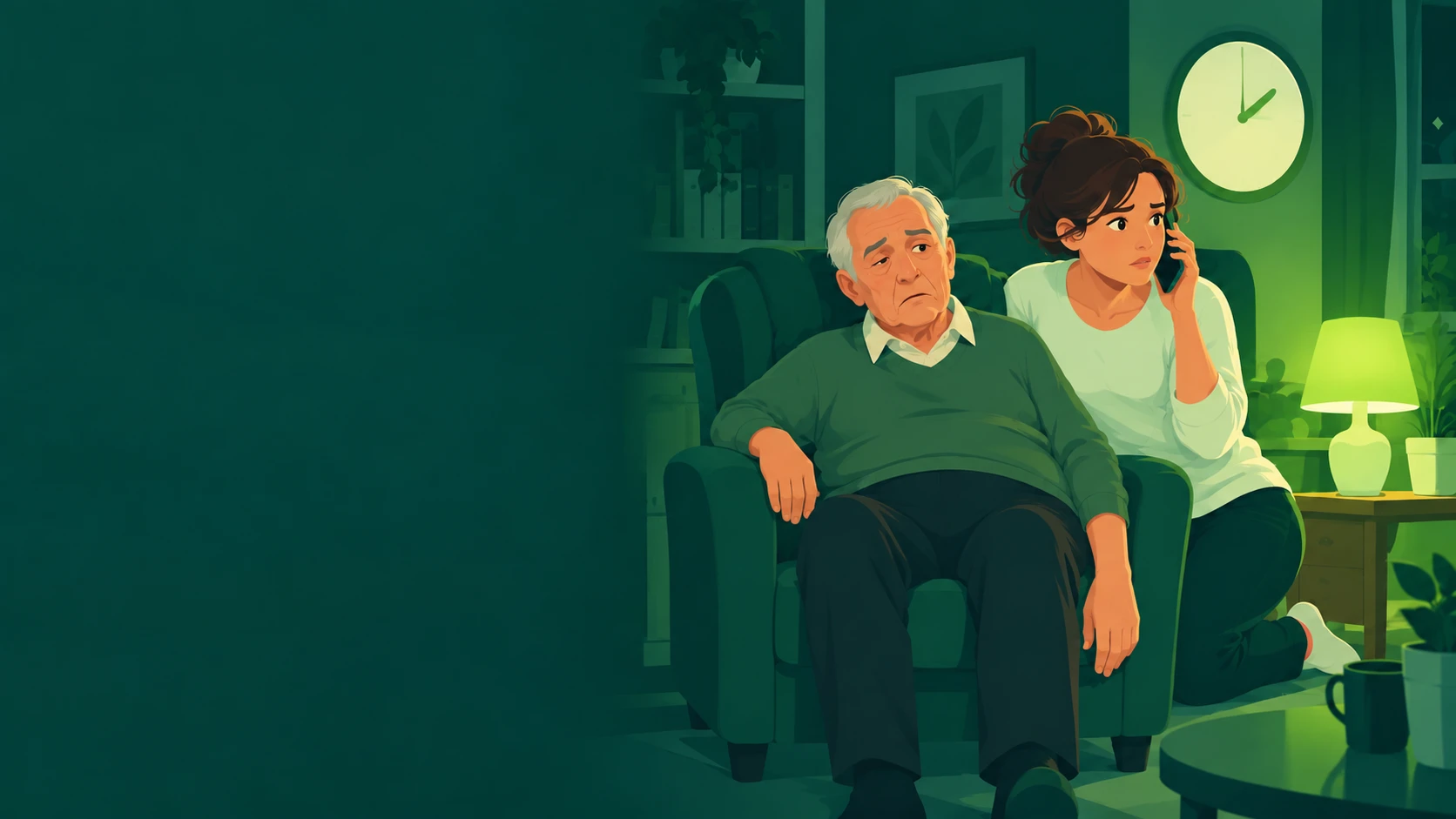 An older man whose face droops on one side and whose arm hangs weakly, while his daughter beside him calls 999.