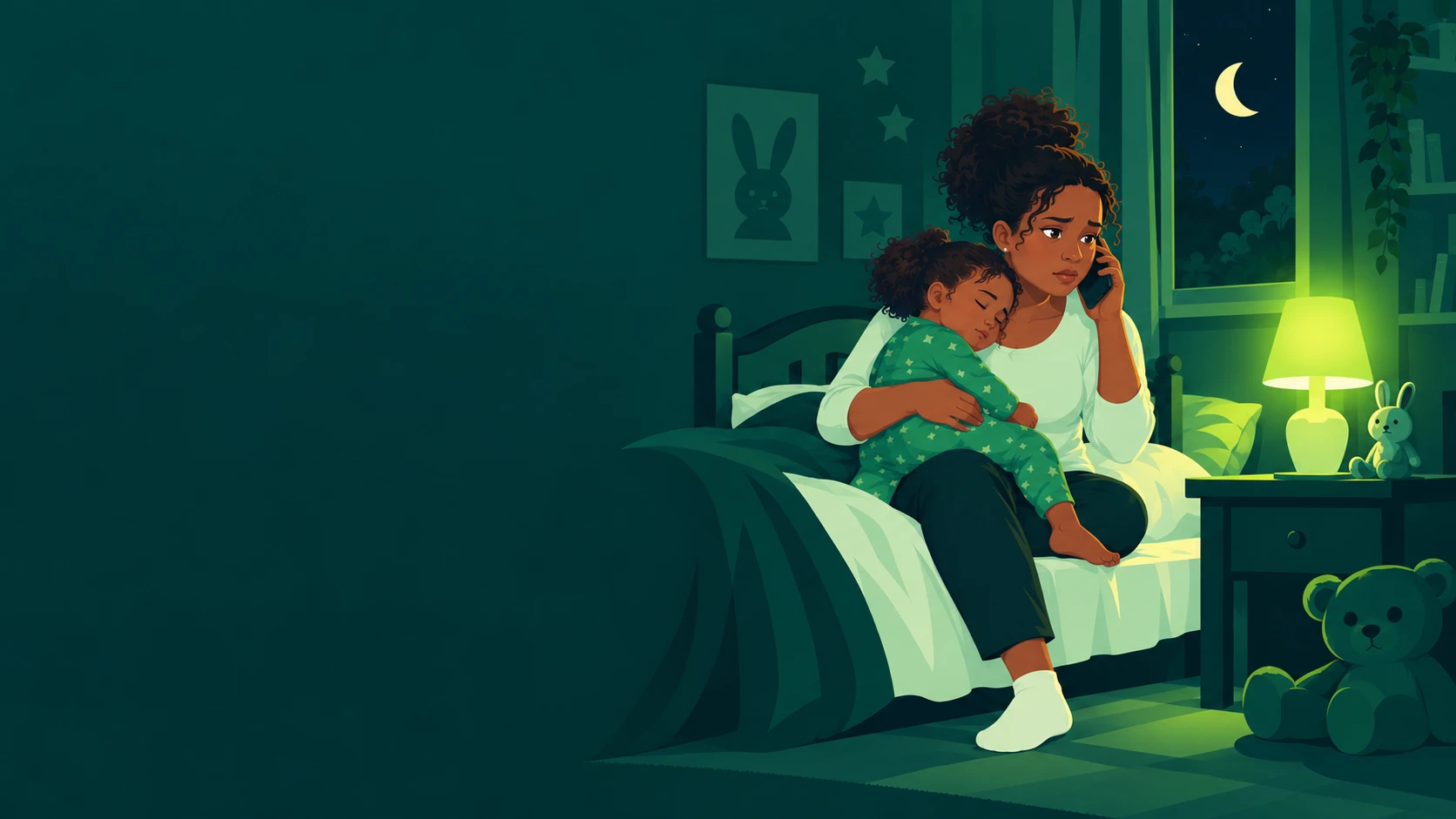 A mother sitting on the edge of a bed at night, holding her sleepy, unwell child while she calls for help.