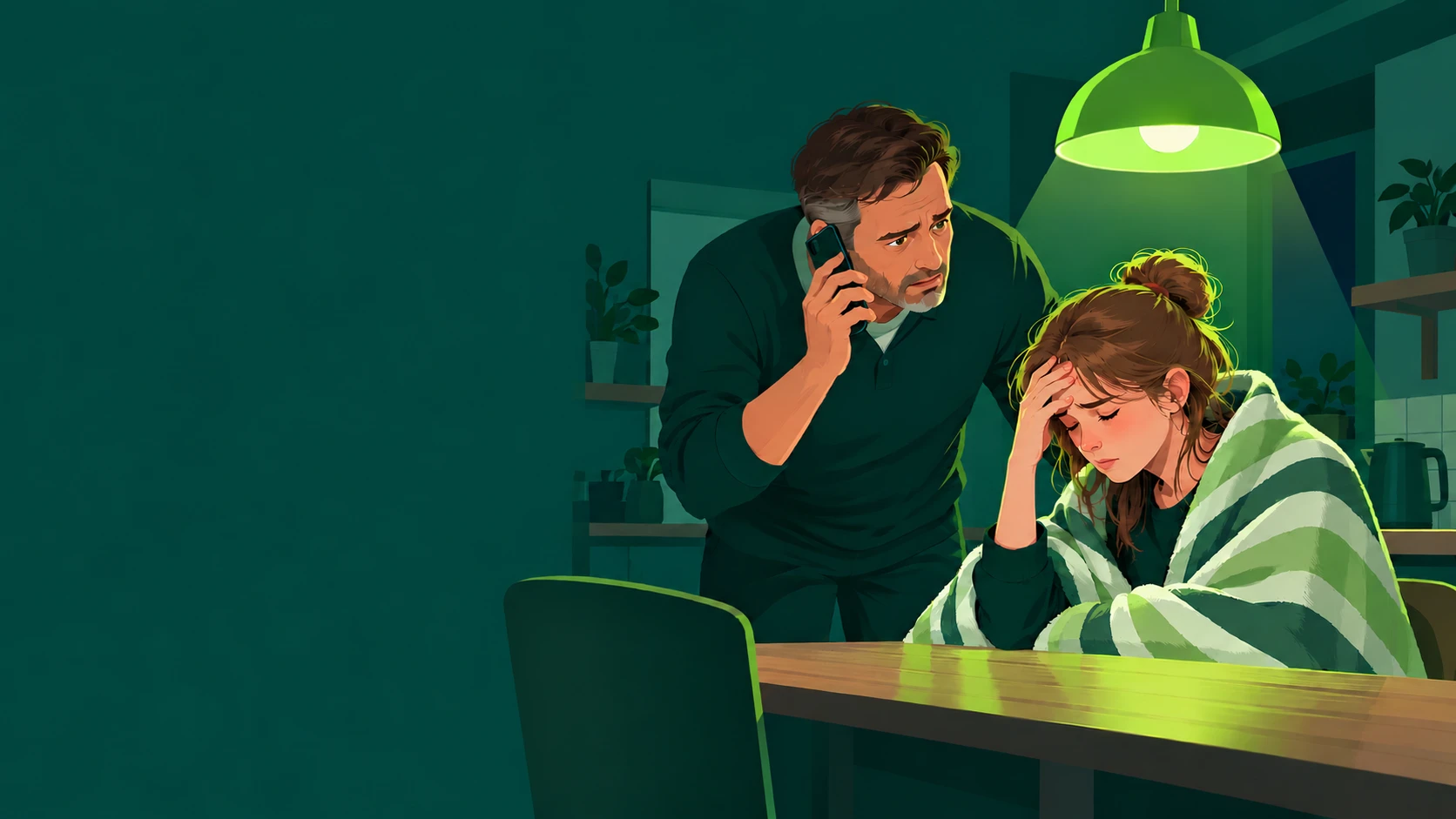 A teenage girl wrapped in a blanket holds her head, while her father leans in and calls for help.