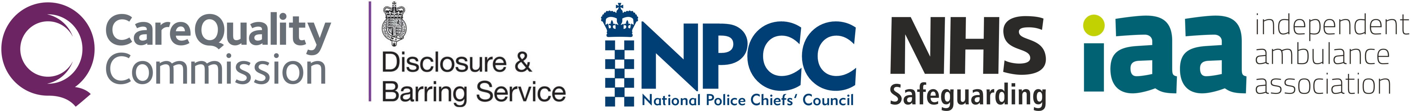 CQC, DBS, NPCC, NHS Safeguarding and Independent Ambulance Association logos banner